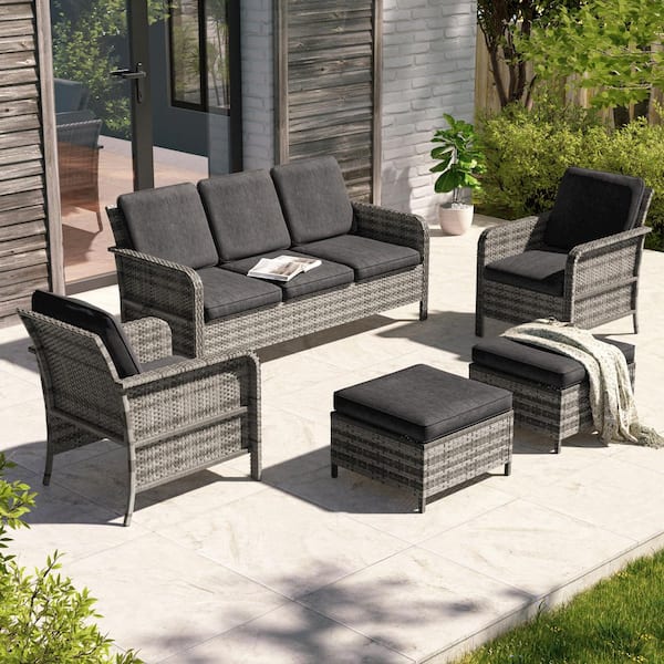 JOYESERY 5-Piece Gray Wicker Outdoor Conversation Seating Sofa Set, Black Cushions with 3-Seater Sofa, Ottomans