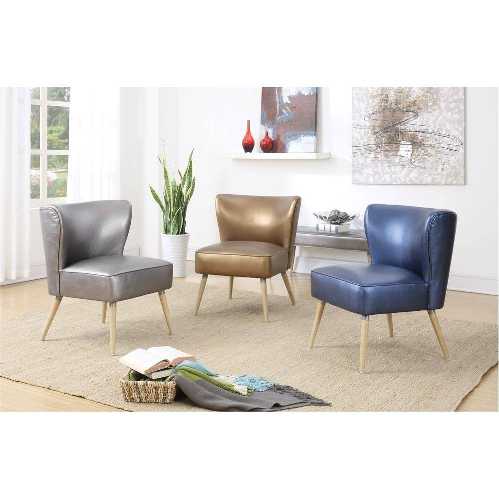 Sizzle Azure Mid-Century Modern Accent Chair in Faux Leather and Wood