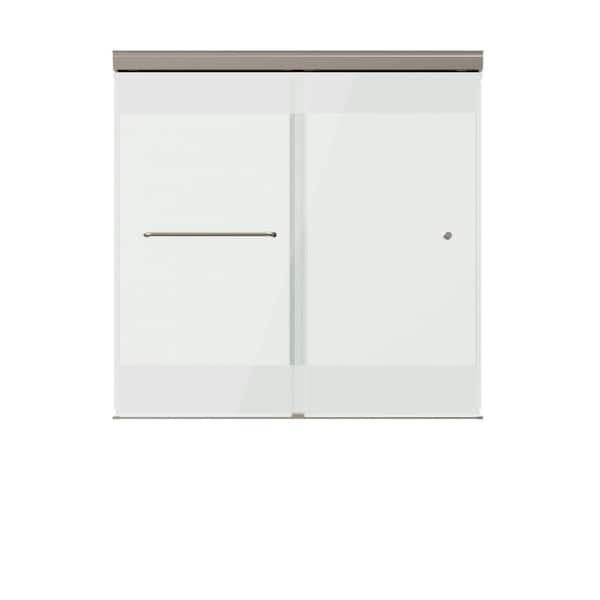 Portwood 60 in. W x 58 in. H Semi-Frameless Sliding Bathtub Door in Nickel with 1/4 in. Frosted Privacy Glass