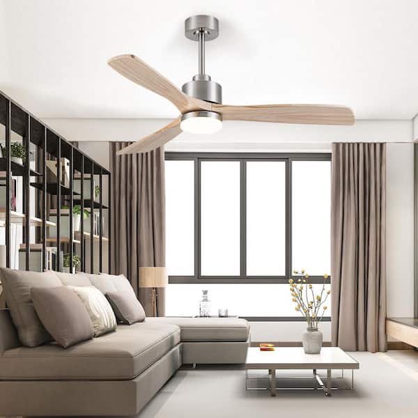 52 in. Brushed Nickel Wood Ceiling Mounted Low Profile Standard Ceiling Fan with Integrated LED, with Romote Control