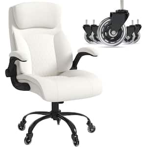 PU Leather High Back Executive Office Chair in White, Ergonomic Chair with Armrests and Quiet Rubber Wheels