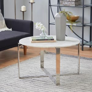 31 in. White Medium Round Ceramic Coffee Table with Marble Top