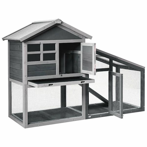 FORCLOVER 56.5 in. Length Wooden Rabbit Hutch with Pull out Tray and Ramp