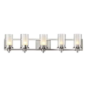 Odyssey 37.75 in. 5-Light Brushed Nickel Bathroom Vanity Light with Frosted Inner Glass and Clear Outer Glass