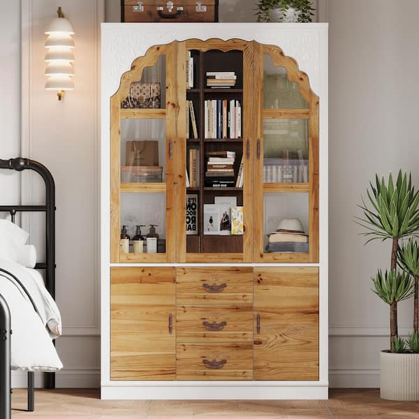 FUFU&GAGA Brown and White 75.7 in. H Paint Finish Wooden Accent Storage Cabinet, Rustic Style, with Mirror Doors and Drawer