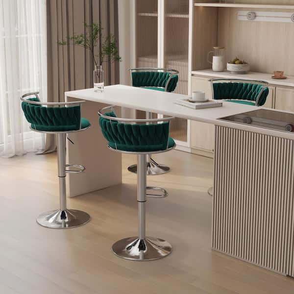 Uixe 38.5 in. Modern Silver Metal Frame Low Back Swivel Adjustable Height Bar Stool with Dark Green Velvet Seat (set of 4)
