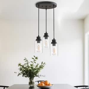 10 in. 3-Light Black Vintage Cluster Kitchen Island Pendant Lighting with Clear Glass Shade