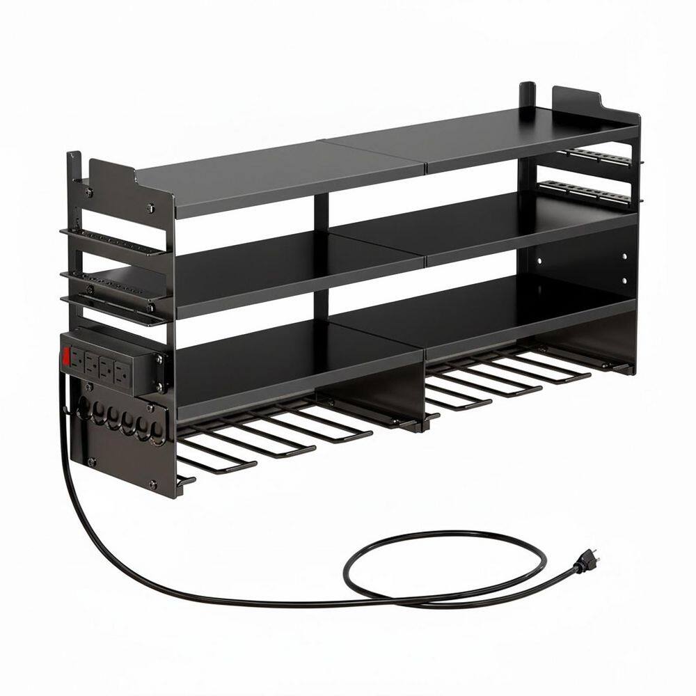 Heavy Duty Metal Wall Rack 4-Tier Black Finish with 4-Outlet Power Strip 8 Drill Slots Hook Rack Shelf Organizer price history on PriceWatchPro