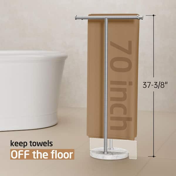 Free-Standing Double T-Shape 2-Bar Towel Rack with 10 lb. Load Natural Marble Base in Brushed Stainless Steel