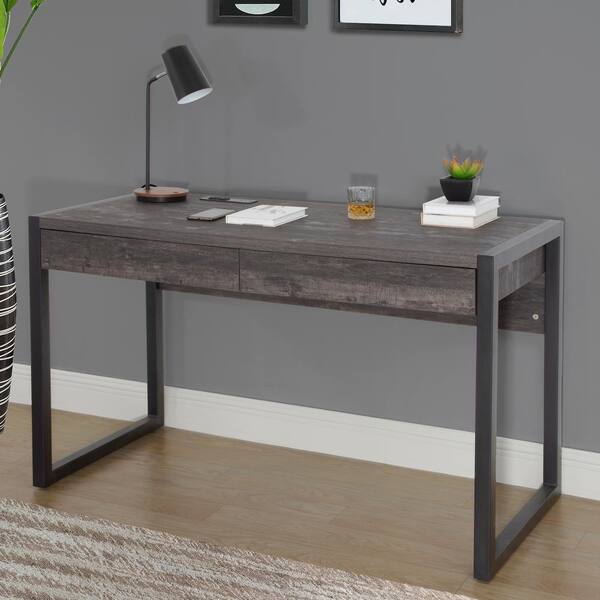 Welwick Designs 46 Fluted Drawer Composite Writing Desk - Dark Walnut/Solid Black