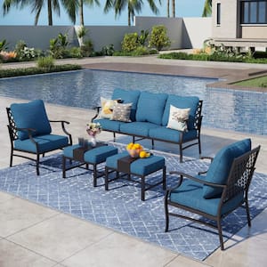 Black 5-Piece Metal Meshed 7-Seat Outdoor Patio Conversation Set with Peacock Blue Cushions and 2 Ottomans