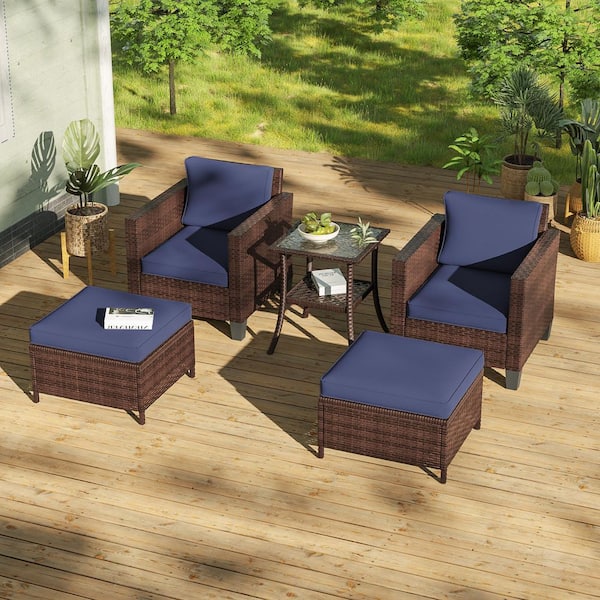 Sonkuki 5-Pieces Brown PE Wicker Patio Conversation Set with Side Table and Ottomans with Washable Navy Blue Cushion