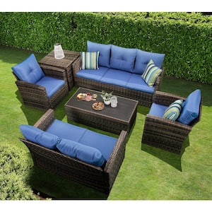 6-Piece Wicker Patio Conversation Set with Blue Cushions and Storage Boxs
