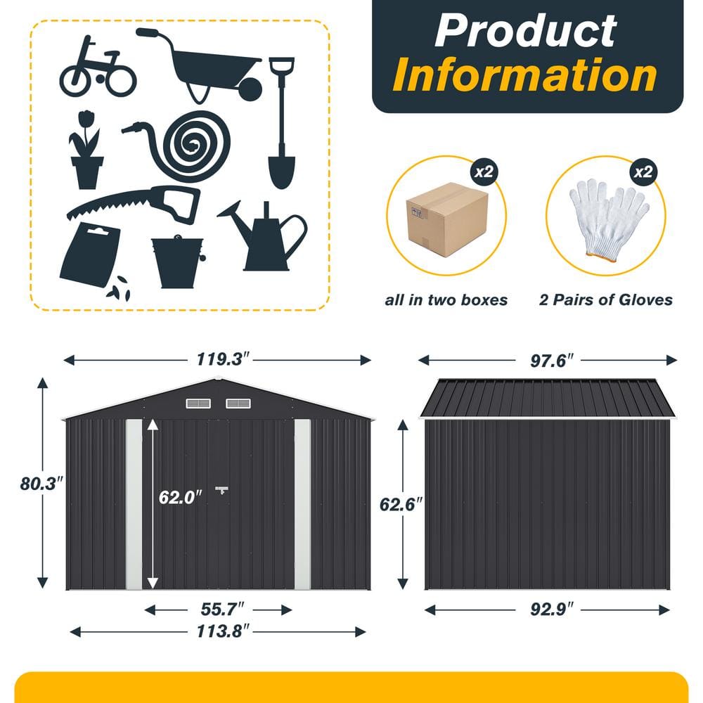 8' x 10' Black Metal Garden Storage Shed with Double Doors
