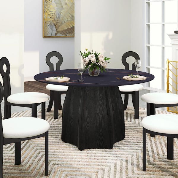 53.15 in. Black Round Sintered Stone Tabletop Black Pedestal Base Kitchen Dining Table (Seats-6)