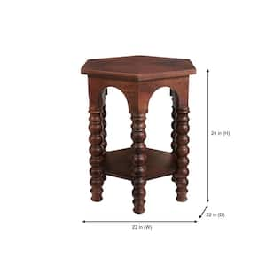 Castine Hexagonal Walnut Brown Wood End Table with Detailed Legs (22 in. W x 24 in. H)