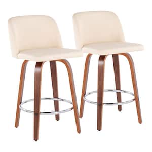 Toriano 35 in. Cream Faux Leather and Walnut Wood-Counter Height Bar Stool with Round Chrome Footrest (Set of 2)
