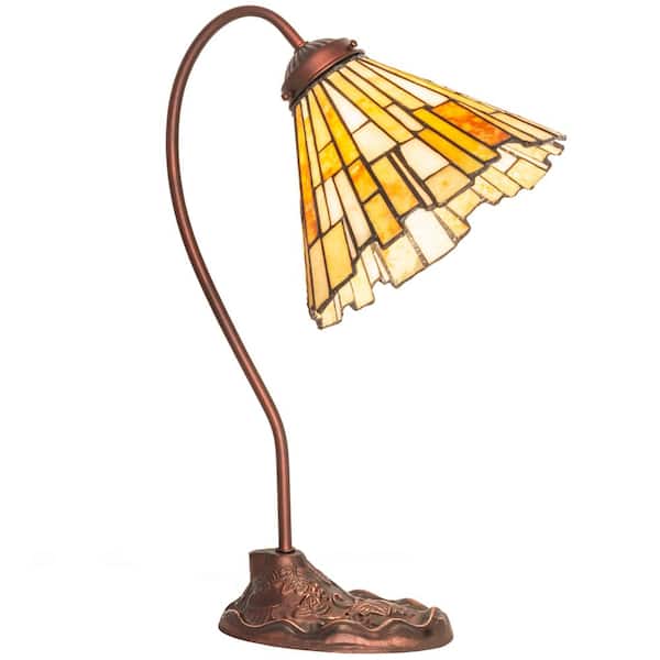 MEYDA Delta 18 in. Mahogany Bronze Armed Dimmable Rustic Desk Lamp with Stained Glass Shade