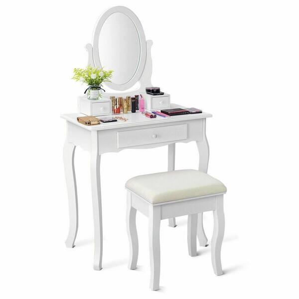Costway 2 Piece White Jewelry Makeup, White Vanity Table Set Jewelry Armoire Makeup Desk Bench Drawer