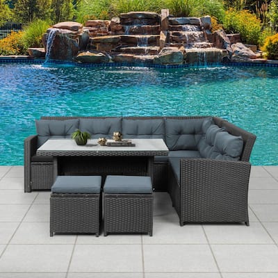 Black 6-Piece Wicker Patio Furniture Set Outdoor Sectional Sofa with Table and Removable Cushions