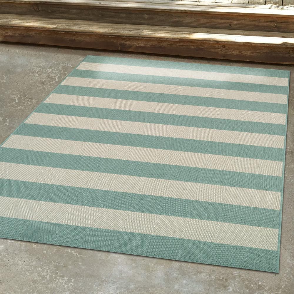 Sea Mist and Ivory Stripe Synthetic 5'3" x 7'6" Outdoor Rug