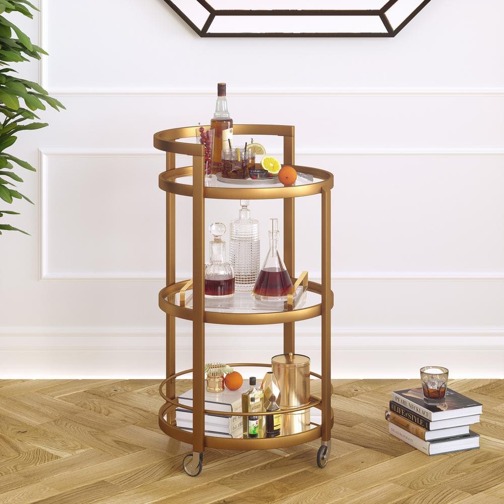 Hause 21" Round Brass and Glass Bar Cart with Storage