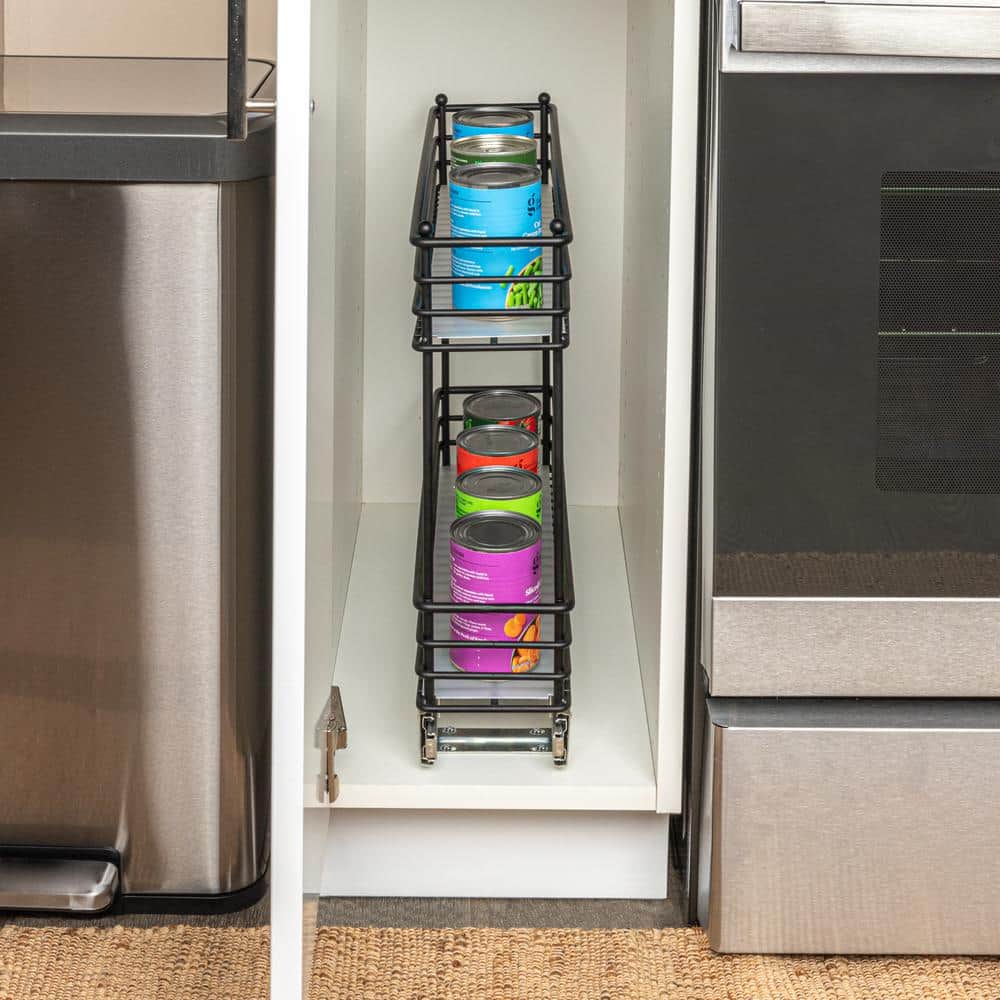 Black 2-Tier Steel Sliding Cabinet Organizer with Plastic Liners
