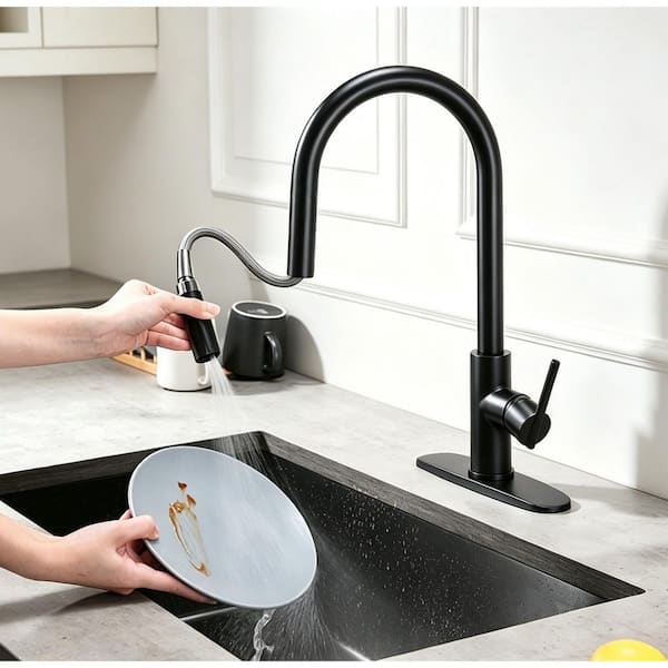 Single Handle Pull Out Sprayer Kitchen Faucet in Stainless Steel Matte Black