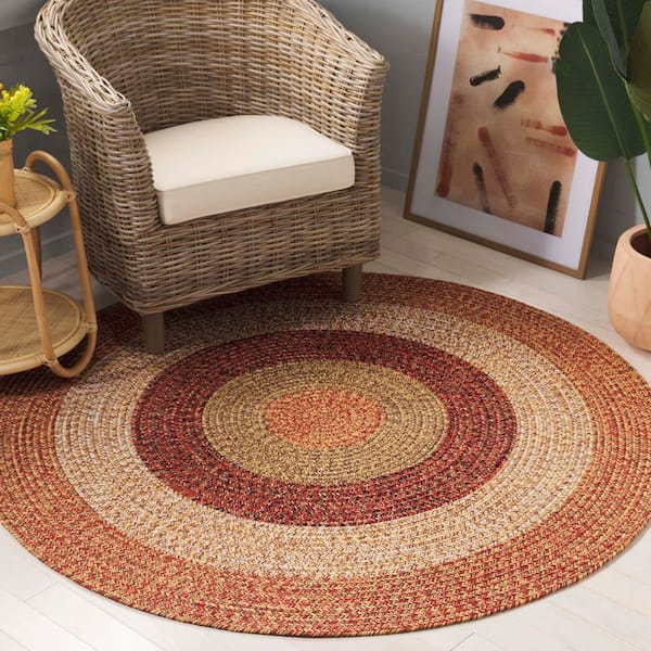 Braided Rust/Red 3 ft. x 3 ft. Machine Washable Solid Striped Border Round Area Rug