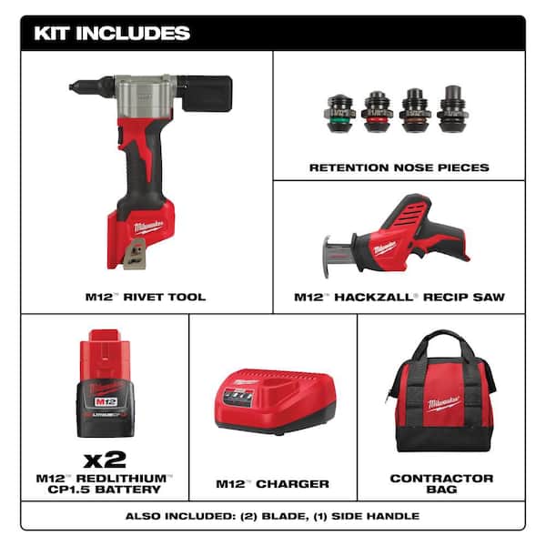 M12 12-Volt Lithium-Ion Cordless Rivet Tool Kit with (2) 1. 5Ah Batteries, Charger & M12 HACKZALL Reciprocating Saw