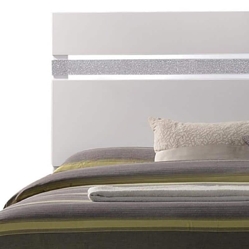 White Queen Upholstered Bed with Crystal Accented Headboard