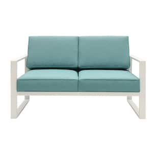 White Aluminum Comfy 2-Seat Twin Outdoor Couch with Green Cushions