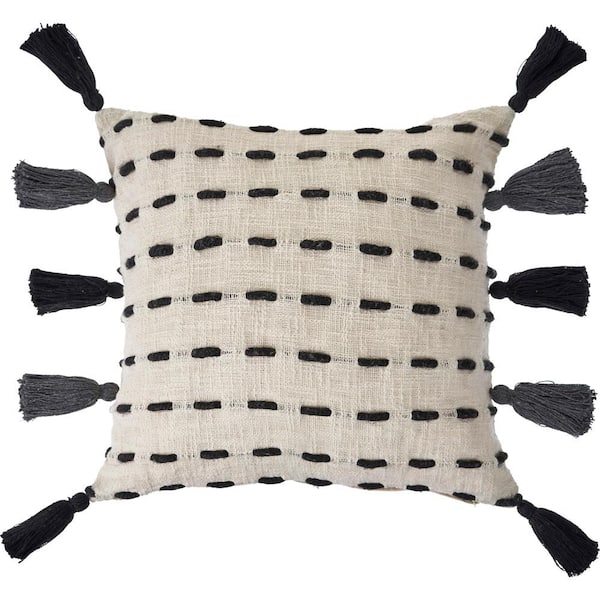 Unbranded Stripe Black / Cream 20 in. x 20 in. Tassel Polyfil Standard Indoor Throw Pillow