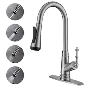 Single Handle Pull Down Sprayer Kitchen Faucet with 4-Modes in Brushed Nickel