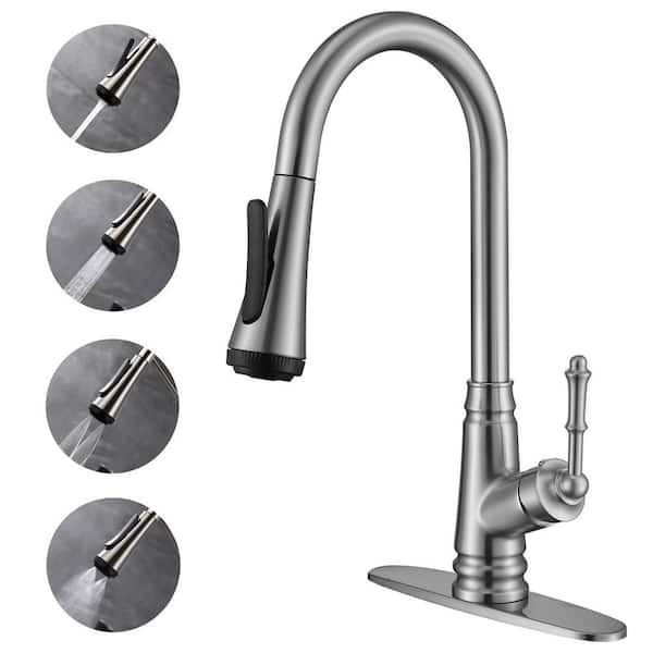 ELLO&ALLO Single Handle Pull Down Sprayer Kitchen Faucet with 4-Modes in Brushed Nickel