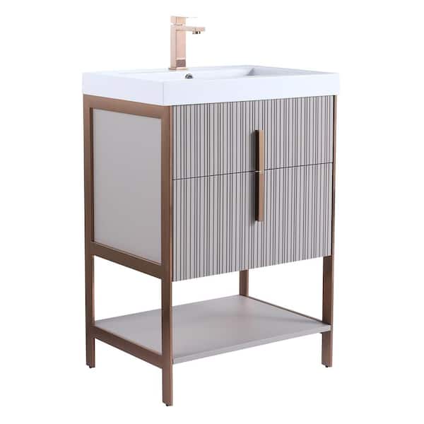 FINE FIXTURES 24 in. W x 18 in. D x 33.5 in. H Bath Vanity in Taupe with White Gel Coated Acrylic Top with Rose Gold Hardware