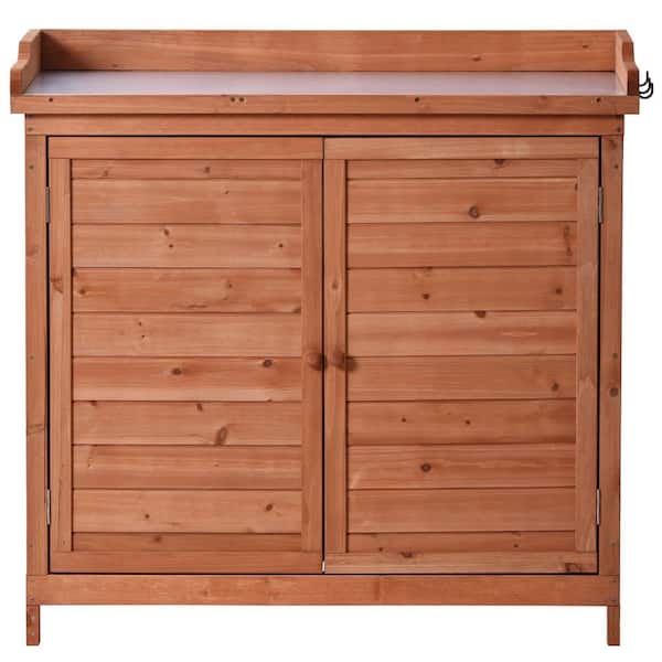 Zeus & Ruta Orange Outdoor 39 in. Potting Bench Table with 2-Tier Shelves and Side Hook