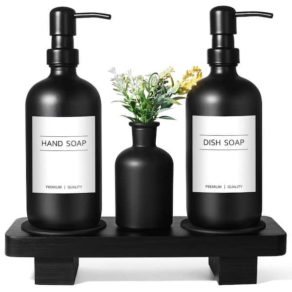 Kitchen Soap Dispenser Set with Wood Riser Tray, Glass Soap Dispenser with Stainless Steel Pump, Black