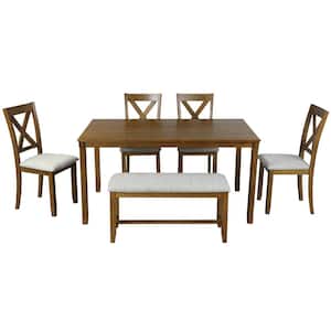 Brown 6-Piece Wood Outdoor Dining Set with Beige Cushions