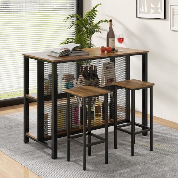 Costway Rustic Brown 36 in. Tall 3-Tier Bar Table with Storage Metal Frame Adjustable Foot Pads