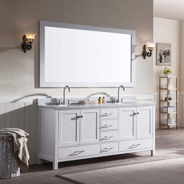 ARIEL Cambridge 73 in. W x 22 in. D x 36 in. H Bath Vanity in White with Carrara White Marble Top and Mirror