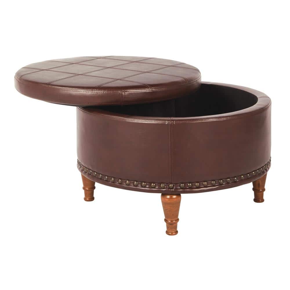 Alloway Espresso 29" Round Storage Ottoman with Tray Top