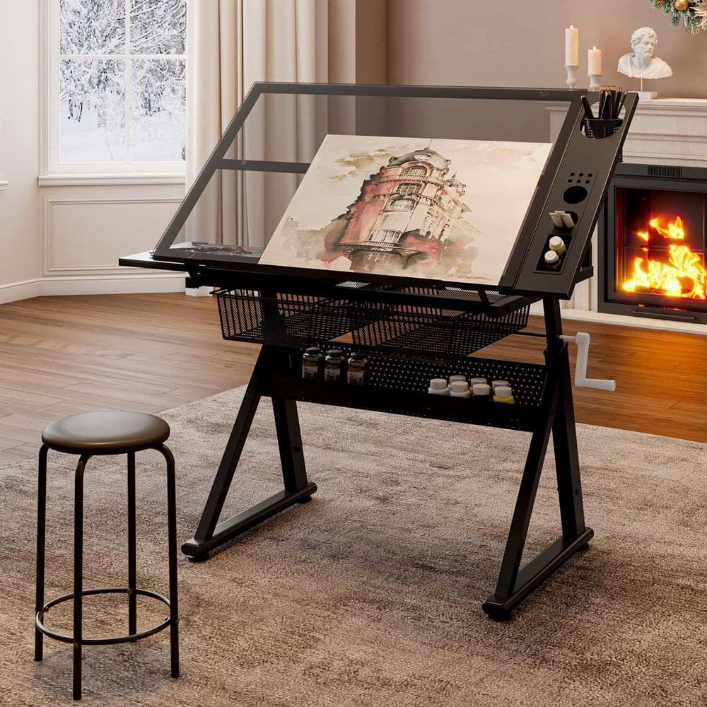 40.15 in. Black Glass Table Top Drafting Table Adjustable Drawing Desk ...