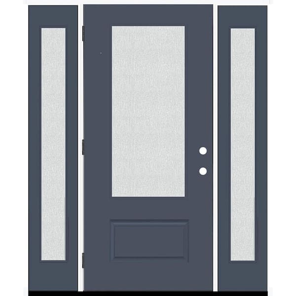 Steves & Sons Legacy 64 in. x 80 in. 3/4-Lite Rain Glass RHOS Dark Denim Finish Fiberglass Prehung Front Door with dB 12 in. SL