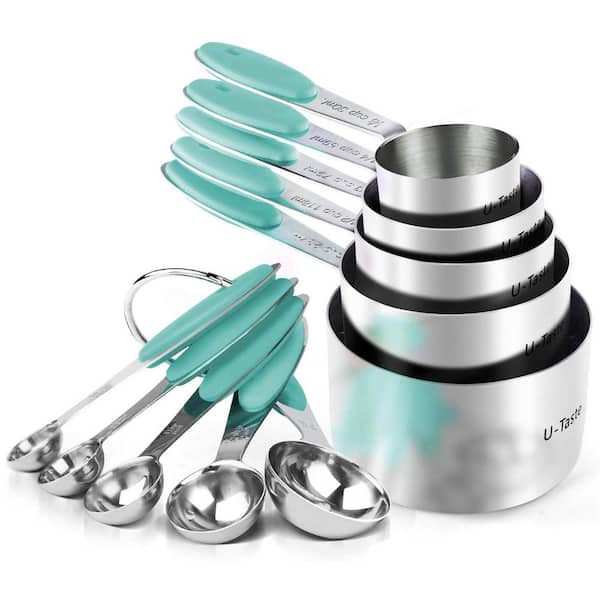 Upgraded 10-Piece Stainless Steel Aqua Sky Measuring Cup Set with Dishwasher Safe