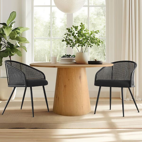 LAOTIES Black Rattan Boucle Dining Chair with Arms (Set of 2)