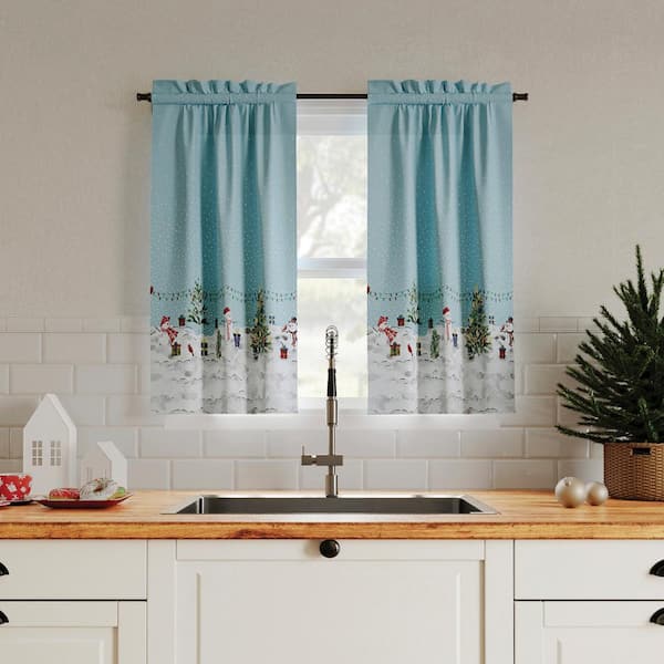 Sun Zero Holiday Wonderland Blue Polyester 54 in. W x 36 in. L Rod Pocket Light Filtering Kitchen Curtain Tier Pair (Set of 2)