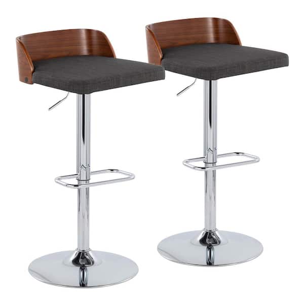 Lumisource Maya 31 in. Charcoal Fabric, Walnut Wood and Chrome Metal Adjustable Bar Stool (Set of 2)