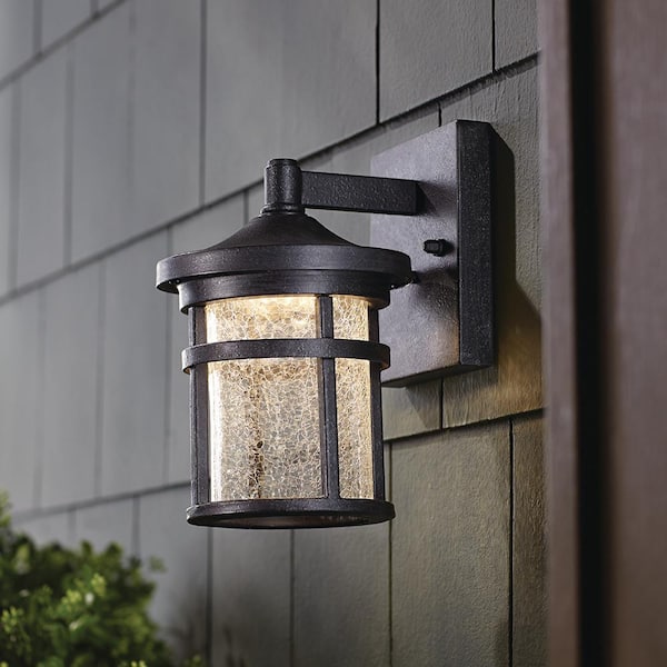 Westbury 8.5 in. Aged Iron Small LED Outdoor Wall Light Fixture Sconce with Clear Crackled Glass