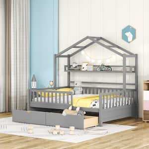 Gray Wood Frame Full Size House Platform Bed with 2-Drawer, Long Shelf and Full-Length Fence Guardrails